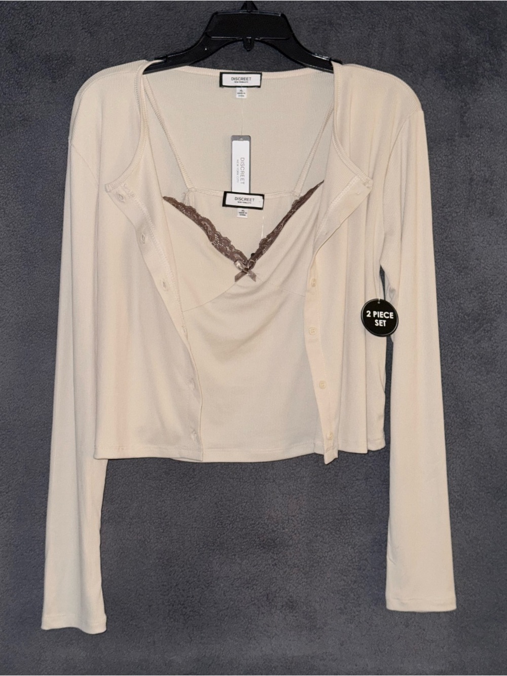 NWT Discreet Cream Lace-Trim Camisole & Cardigan Set Size XL